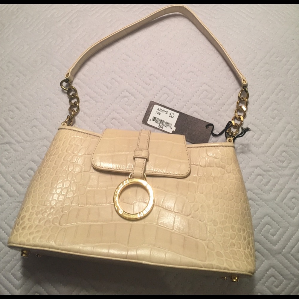 St. John Cream Croc-Embossed Shoulder Bag with Gold Hardware